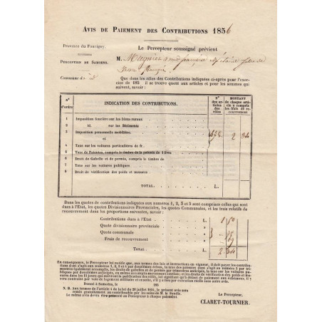 Duché de Savoie - Samoens - Contributions 1856 - 2 livres - Etat : TTB+