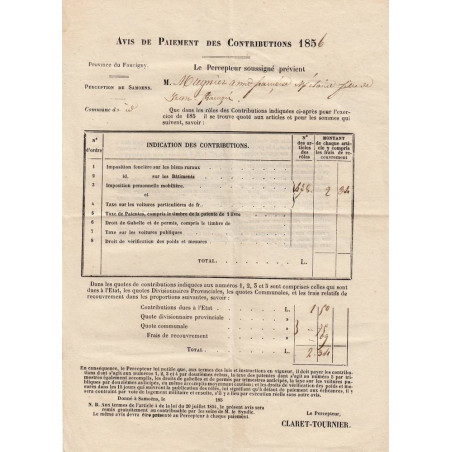 Duché de Savoie - Samoens - Contributions 1856 - 2 livres - Etat : TTB+