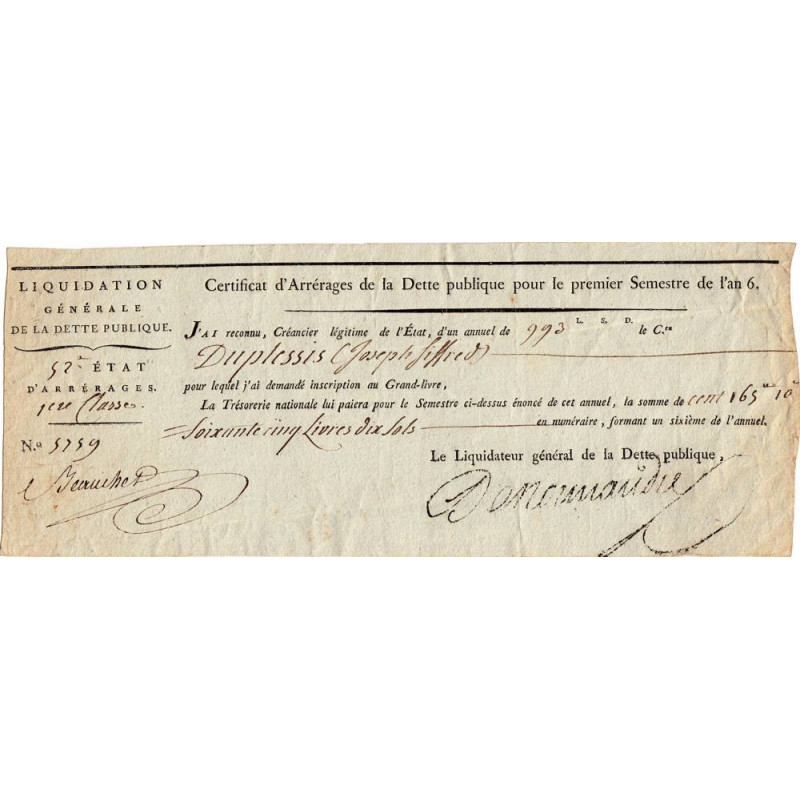 Certificat d'Arrérages de la Dette publique - 1797 - 165 livres 10 sols - Etat : TTB+
