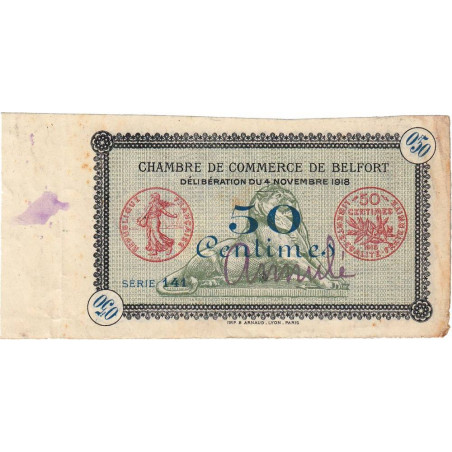 Belfort - Pirot non répertorié - 50 centimes - Série 141 - 04/11/1918 - Annulé - Etat : TTB