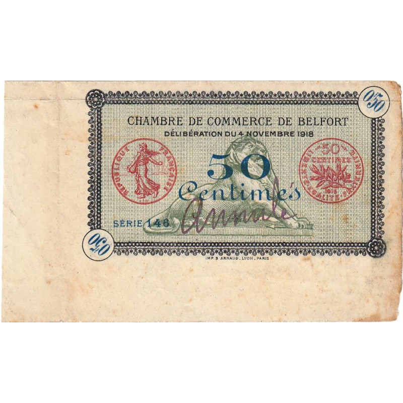 Belfort - Pirot non répertorié - 50 centimes - Série 141 - 04/11/1918 - Annulé - Etat : TTB