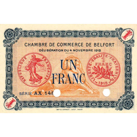 Belfort - Pirot 23-47 - 1 franc - Série AX 148 - 04/11/1918 - Spécimen - Etat : NEUF
