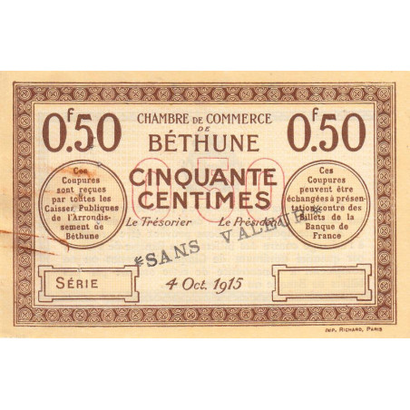 Béthune - Pirot 26-3 - 50 centimes - 04/10/1915 - Spécimen - Etat : TTB+