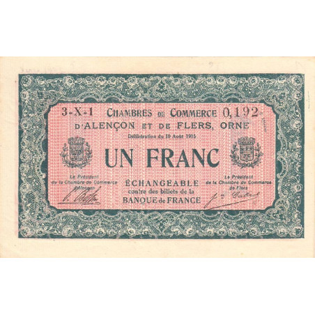 Alençon & Flers (Orne) - Pirot 6-34 - 1 franc - Série 3Z1 - 10/08/1915 - Etat : TTB