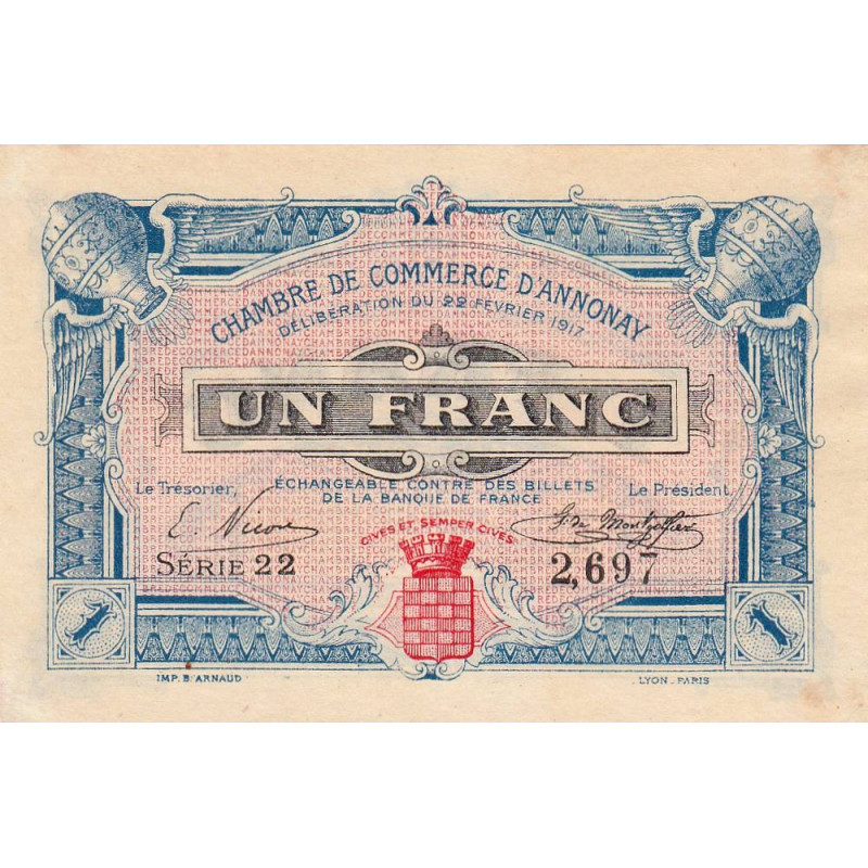 Annonay - Pirot 11-12 - 1 franc - Série 22 - 22/02/1917 - Etat : SUP