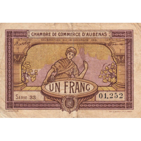 Aubenas - Pirot 14-2 - 1 franc - Série 33 - 19/12/1921 - Etat : B+ à TB-