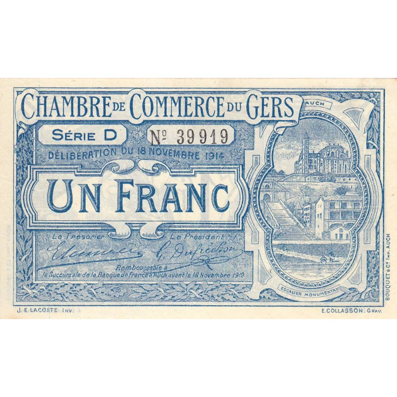 Auch (Gers) - Pirot 15-3 - 1 franc - Série D - 18/11/1914 - Etat : SPL+