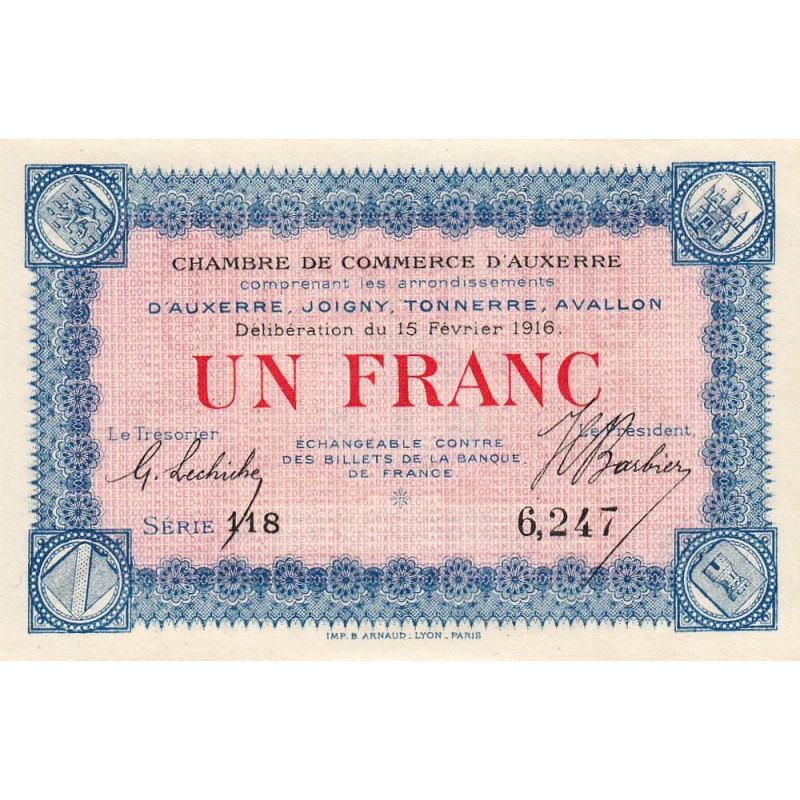 Auxerre - Pirot 17-8 - 1 franc - Série 118 - 15/02/1916 - Etat : NEUF