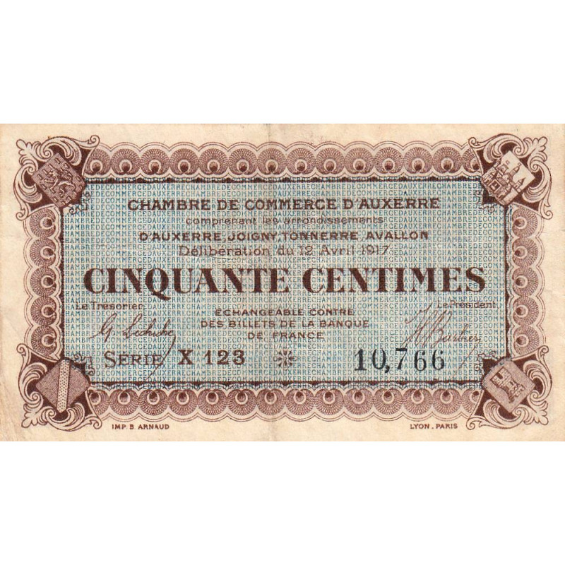 Auxerre - Pirot 17-14 - 50 centimes- Série X 123s - 12/04/1917 - Etat : TB à TB+
