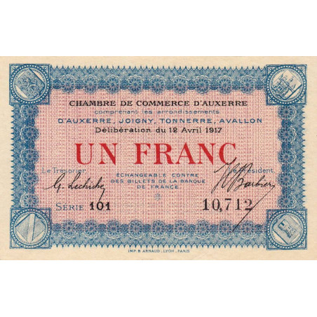 Auxerre - Pirot 17-17 - 1 franc - Série 101 - 12/04/1917 - Etat : SUP+