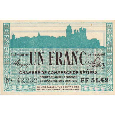 Béziers - Pirot 27-17 - 1 franc - Série FF 51.42 - 09/06/1915 - Etat : SUP+