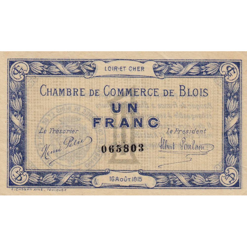 Blois (Loir-et-Cher) - Pirot 28-3 - 1 franc - 16/08/1915 - Etat : TTB