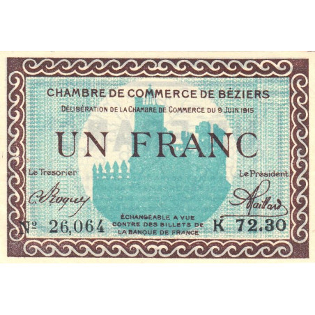 Béziers - Pirot 27-10 - 1 franc - Série K 72.30 - 09/06/1915 - Etat : SUP+