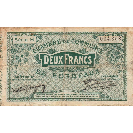Bordeaux - Pirot 30-3 - 2 francs- Série H - 1914 - Etat : B