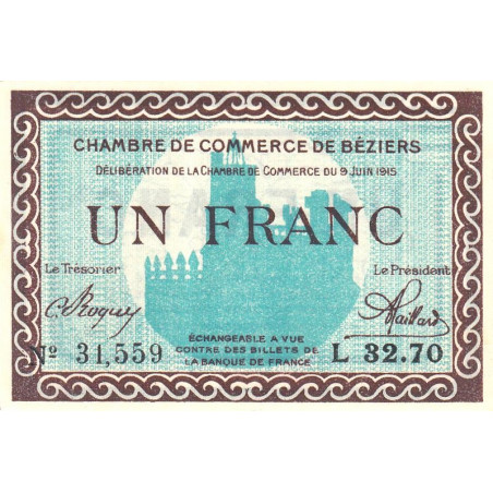 Béziers - Pirot 27-13 - 1 franc - Série L 32.70 - 09/06/1915 - Etat : SPL+
