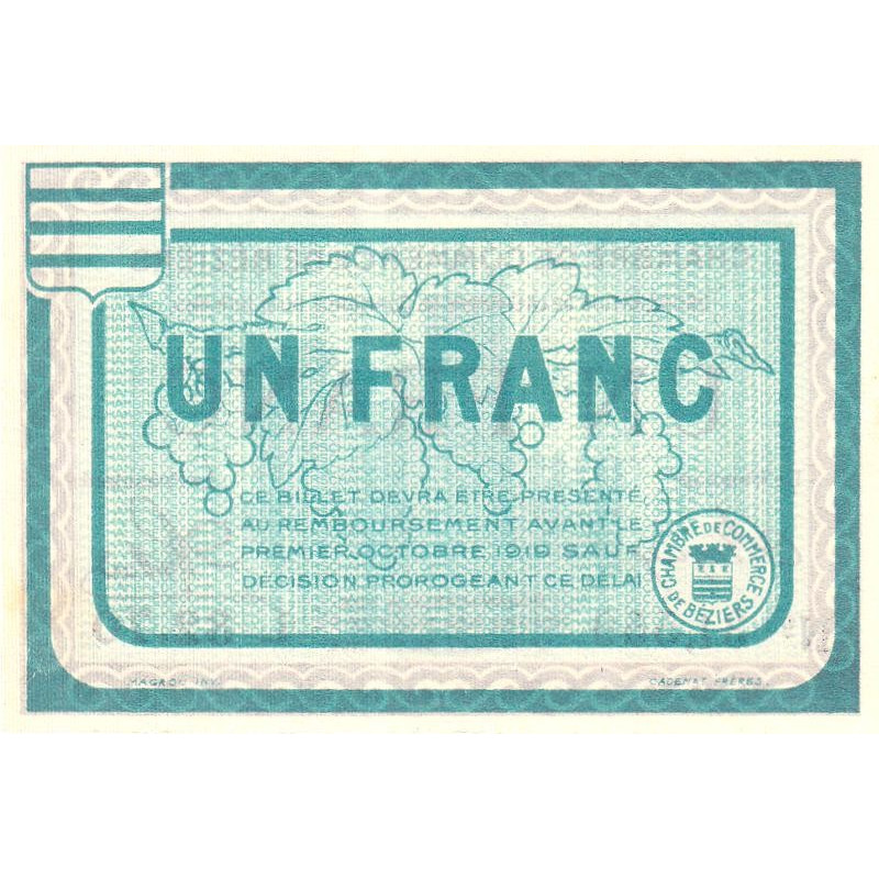 Billet des chambres de commerce Béziers 1 franc