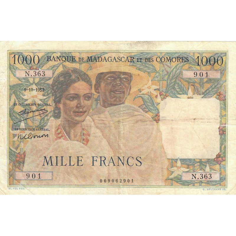Madagascar - Pick 48a - 1'000 francs - 09/10/1952 - Etat : B