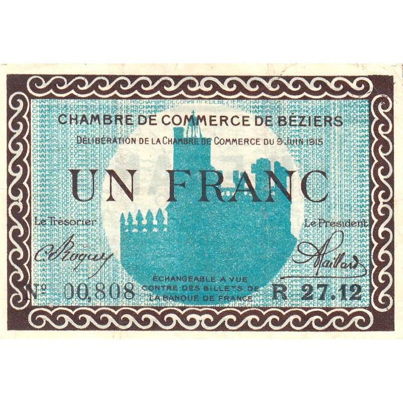 Béziers - Pirot 27-13 - 1 franc - Série R 27.12 - 09/06/1915 - Etat : TTB