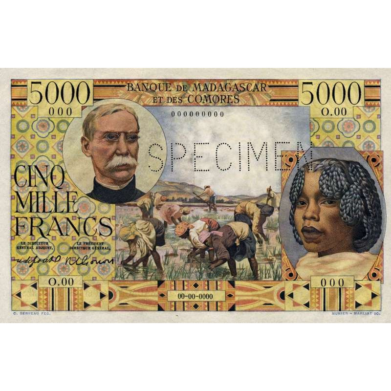 Madagascar - Pick 49bs - 5'000 francs - Série O.00 - 1955 - Spécimen - Etat : SPL