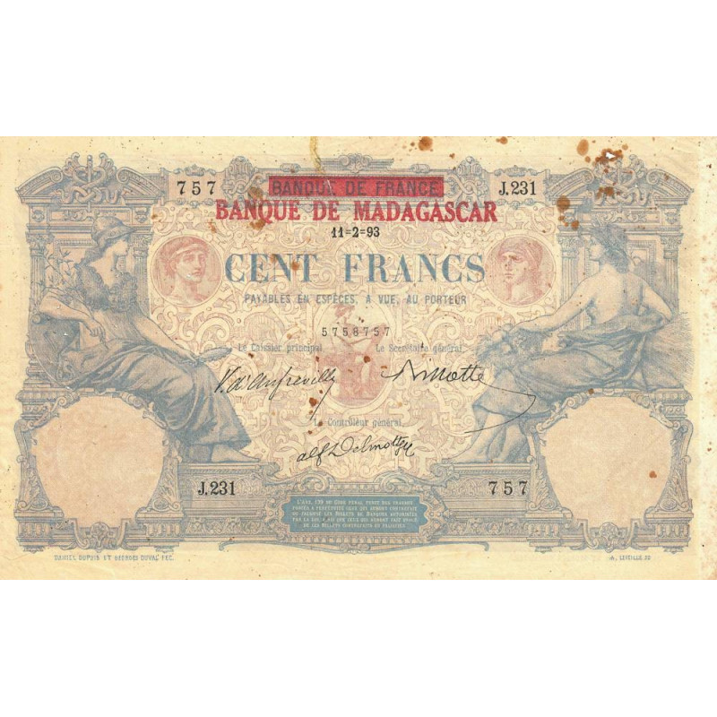 Madagascar - Pick 34 - 100 francs - Série J.231 - 11/02/1893 (1926) - Etat : B+