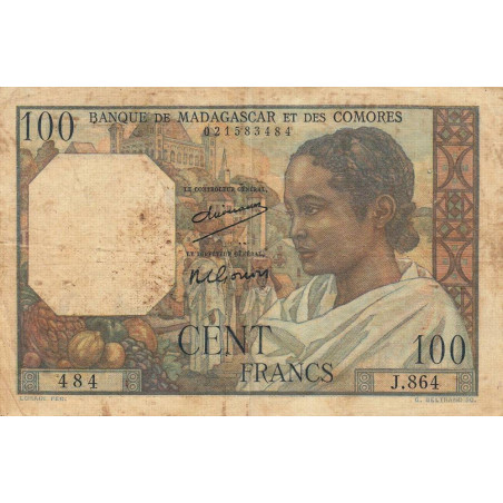 Madagascar - Pick 46a - 100 francs - Série J.864 - 1950 - Etat : B