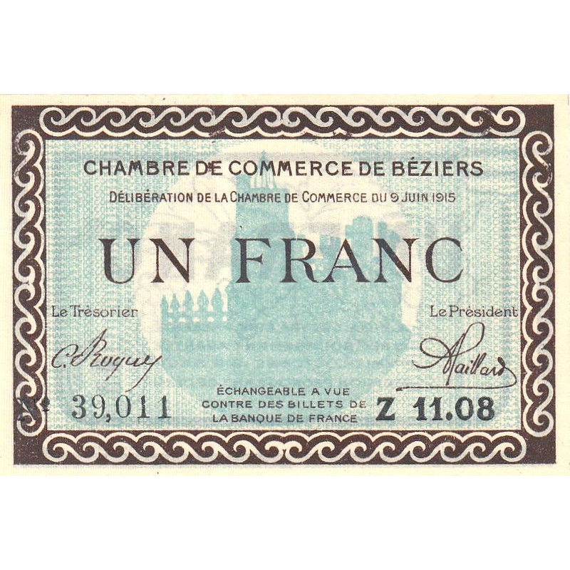 Billet des chambres de commerce Béziers 1 franc