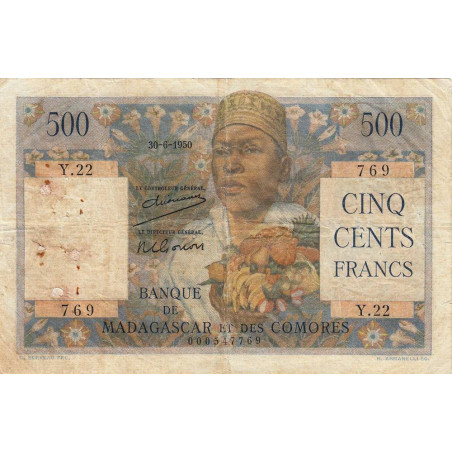 Madagascar - Pick 47a - 500 francs - 1950 - Etat : B