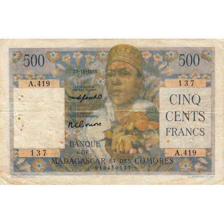 Madagascar - Pick 47b- 500 francs - 23/11/1955 - Etat : TB