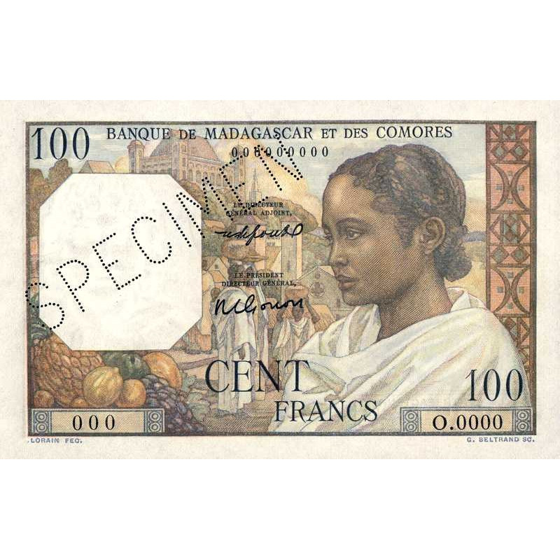 Madagascar - Pick 46bs - 100 francs - Série O.0000 - 1953 - Spécimen - Etat : SPL