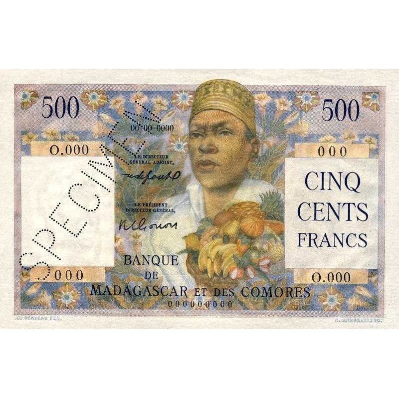 Madagascar - Pick 47bs - 500 francs - Série O.000 - 1954 - Spécimen - Etat : SPL