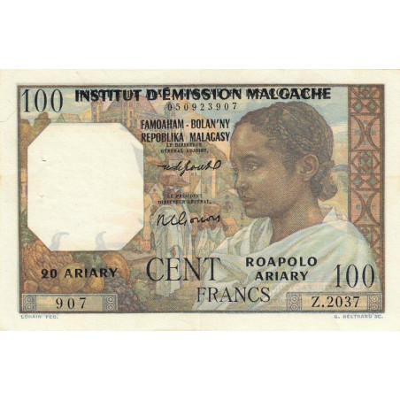 Madagascar - Pick 52b - 20 ariary / 100 francs - Série Z.2037 - 1961 - Etat : SUP