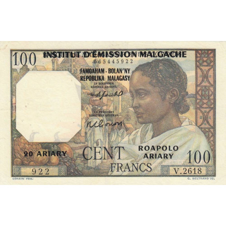 Madagascar - Pick 52b - 20 ariary / 100 francs - Série V.2618 - 1961 - Etat : SUP