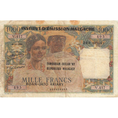 Madagascar - Pick 54a - 1'000 francs - 200 ariary - 1952 (1961) - Etat : AB