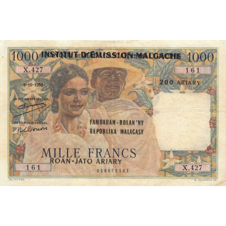 Madagascar - Pick 54a - 1'000 francs - 200 ariary - 1952 (1961) - Etat : TB