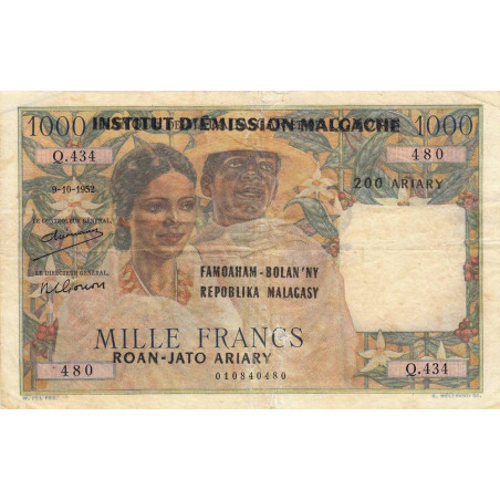 Madagascar - Pick 54a - 1'000 francs - 200 ariary - 1952 (1961) - Etat : TB-