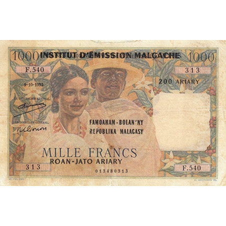 Madagascar - Pick 54a - 1'000 francs - 200 ariary - 1952 (1961) - Etat : TB-