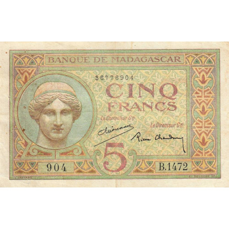 Madagascar - Pick 35b - 5 francs - Série B.1472 - 1937 - Etat : TTB
