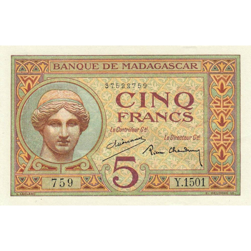 Madagascar - Pick 35b - 5 francs - Série Y.1501 - 1937 - Etat : SUP+