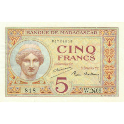 Madagascar - Pick 35b - 5 francs - Série W.2469 (remplacement) - 1937 - Etat : SUP
