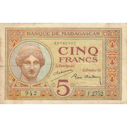 Madagascar - Pick 35b - 5 francs - Série F.2752 - 1937 - Etat : B+