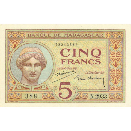 Madagascar - Pick 35b - 5 francs - Série N.2933 - 1937 - Etat : SPL