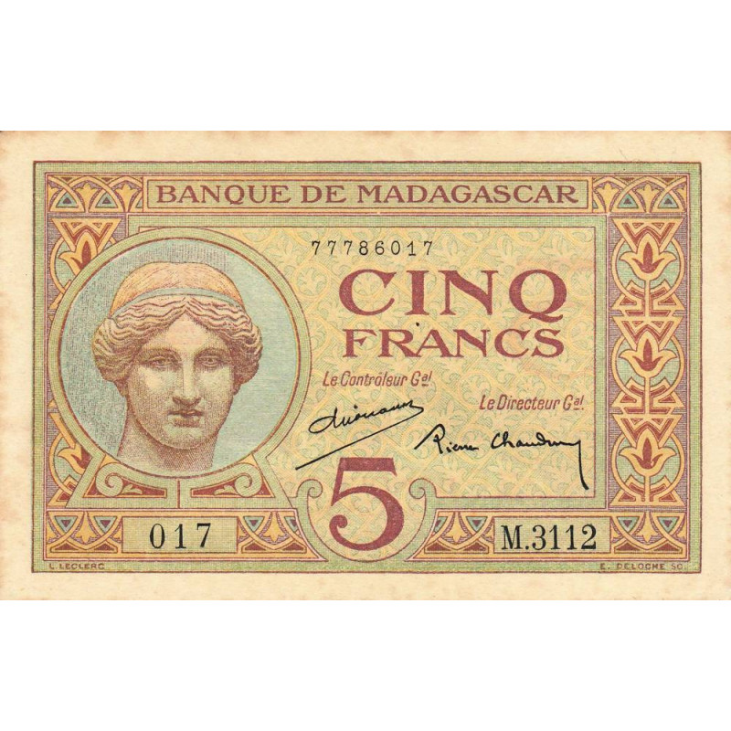 Madagascar - Pick 35b - 5 francs - Série M.3112 - 1937 - Etat : TTB+