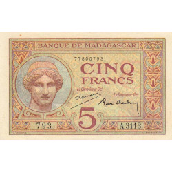 Madagascar - Pick 35b - 5 francs - Série A.3113 - 1937 - Etat : SUP