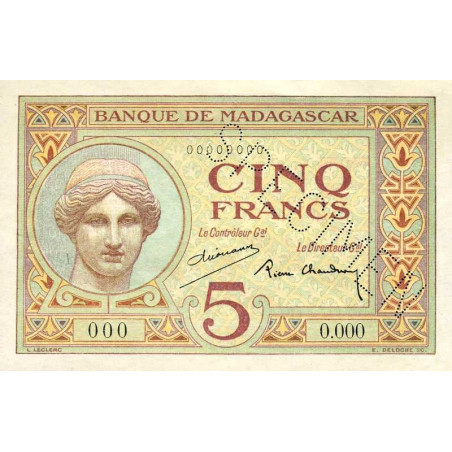 Madagascar - Pick 35bs - 5 francs - Série 0.000 - 1937 - Spécimen - Etat : SPL