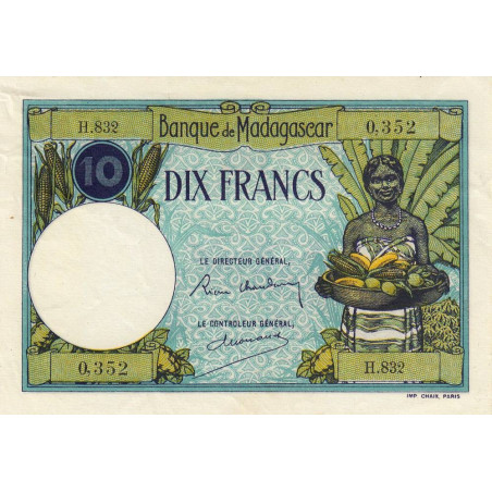 Madagascar - Pick 36b - 10 francs - Série H.832 - 1937 - Etat : TTB