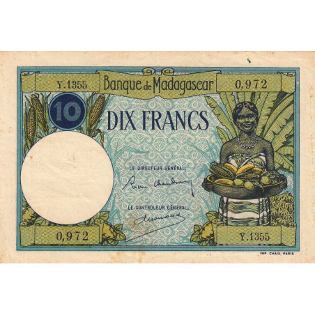 Madagascar - Pick 36b - 10 francs - Série Y.1355 - 1937 - Etat : TB