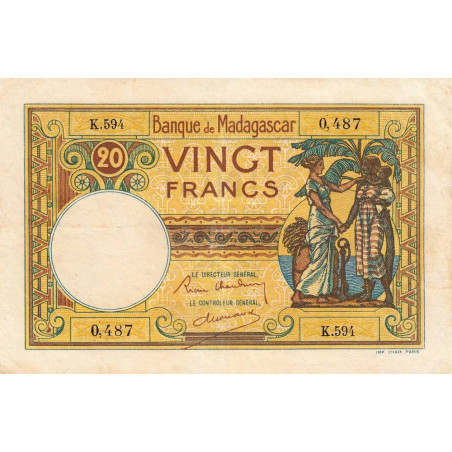 Madagascar - Pick 37b - 20 francs - Série K.594 - 1937 - Etat : TB+