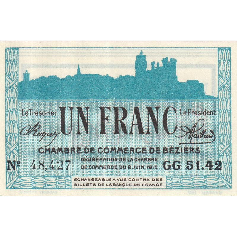 Béziers - Pirot 27-18 - 1 franc - Série GG 51.42 - 09/06/1915 - Etat : NEUF