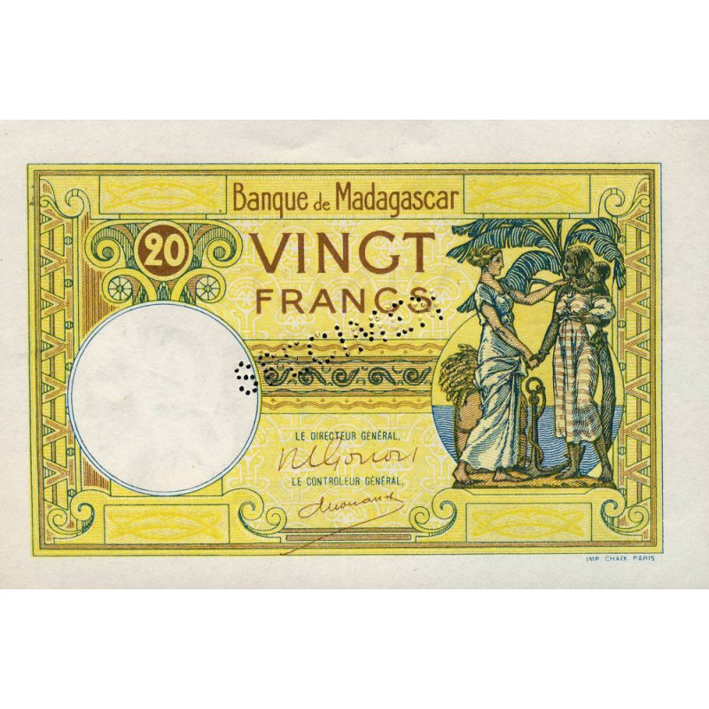 Madagascar - Pick 37cs - 20 francs - Sans série - 1948 - Spécimen - Etat : SPL