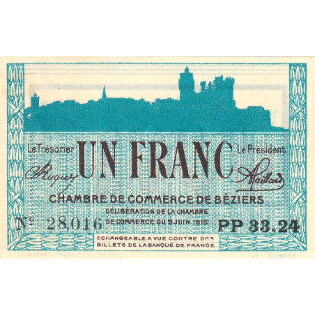 Béziers - Pirot 27-18 - 1 franc - Série PP 33.24 - 09/06/1915 - Etat : SUP